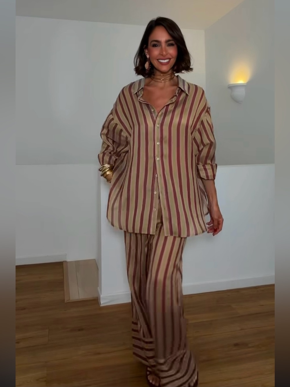 H&M EDITION NWT DARK BEIGE STRIPED LYOCELL-BLEND DRAWSTRING PANTS
